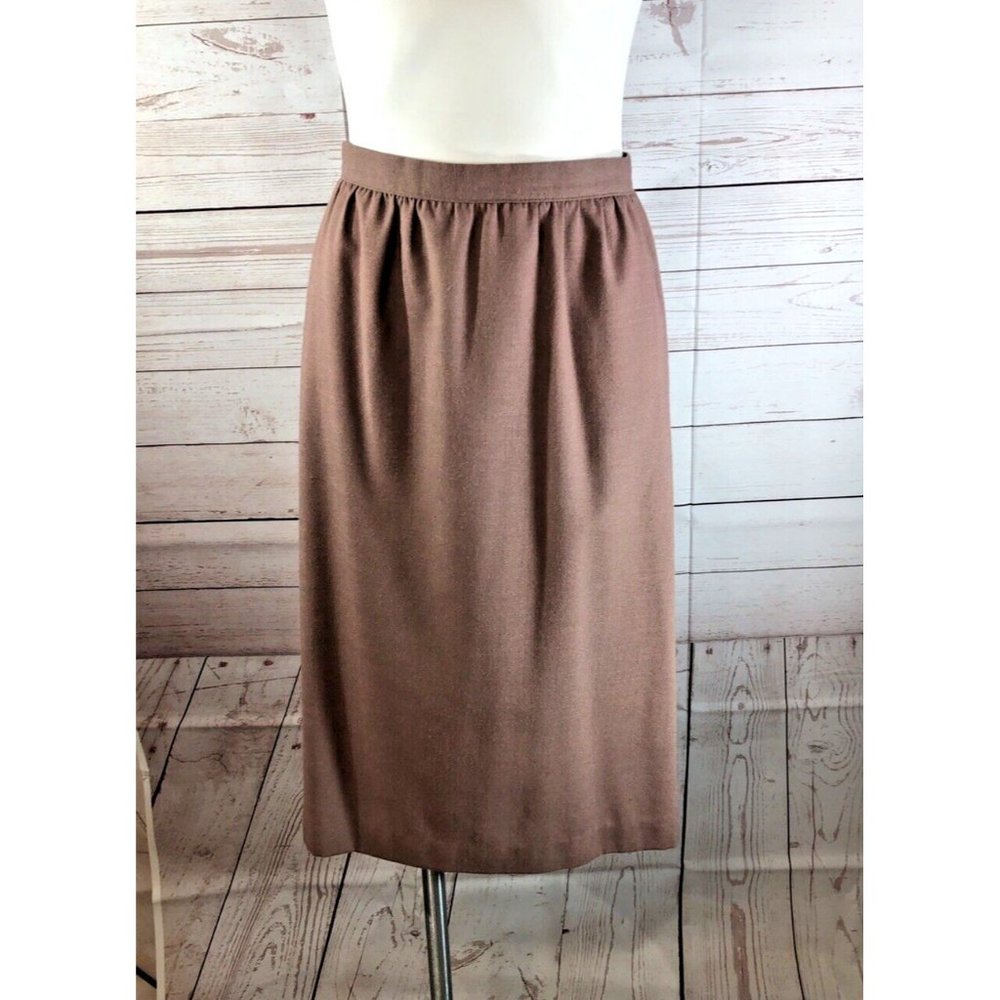 Vintage MALOUF Womens Size 10 Pencil Skirt Mauve Brown Zip Back Polyester Rayon